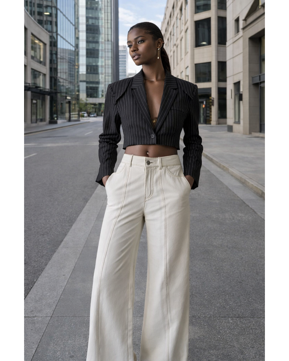 The Muse Cropped Pinstripe Blazer-Black