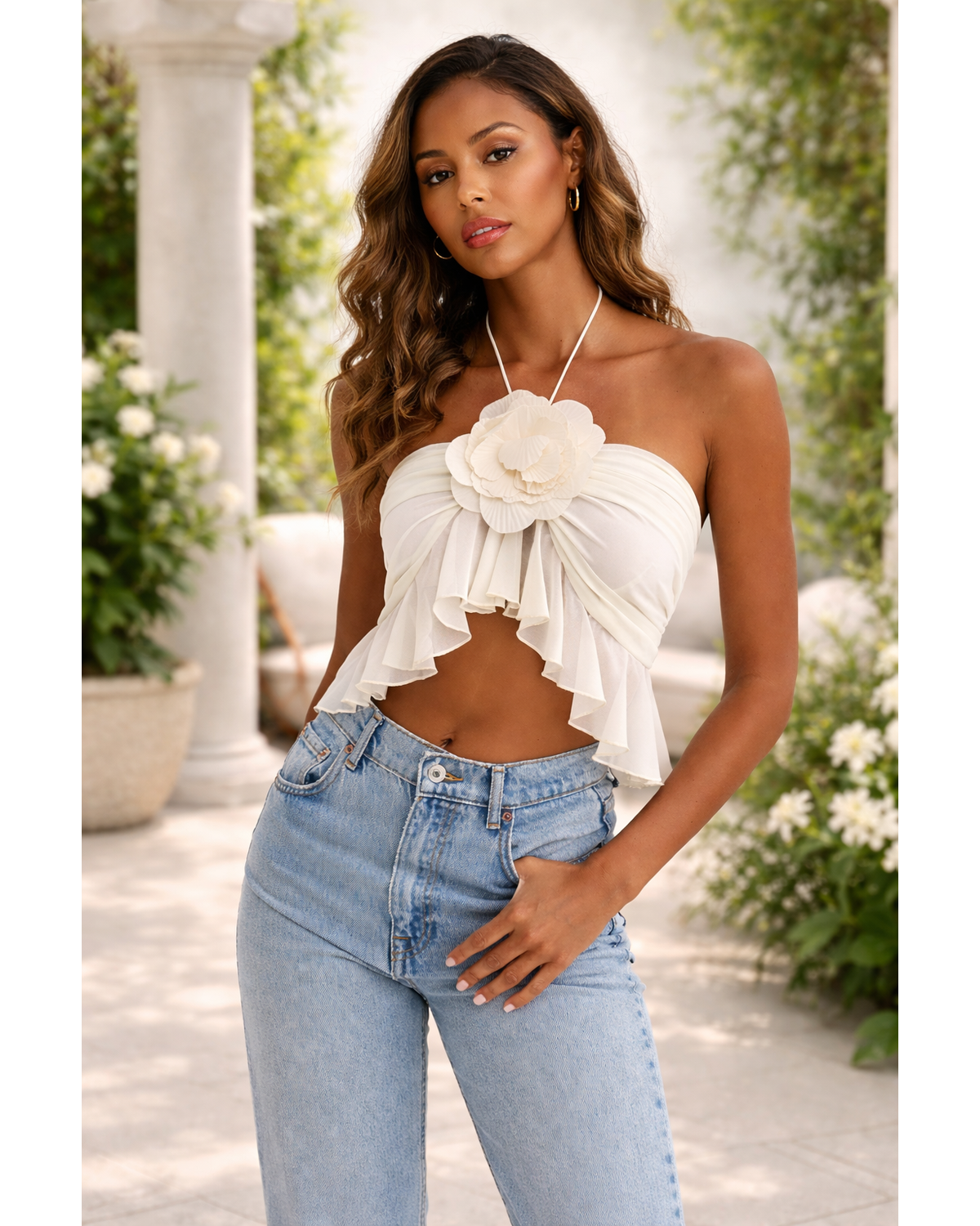 Petal Halter Ruffle Top – Ivory