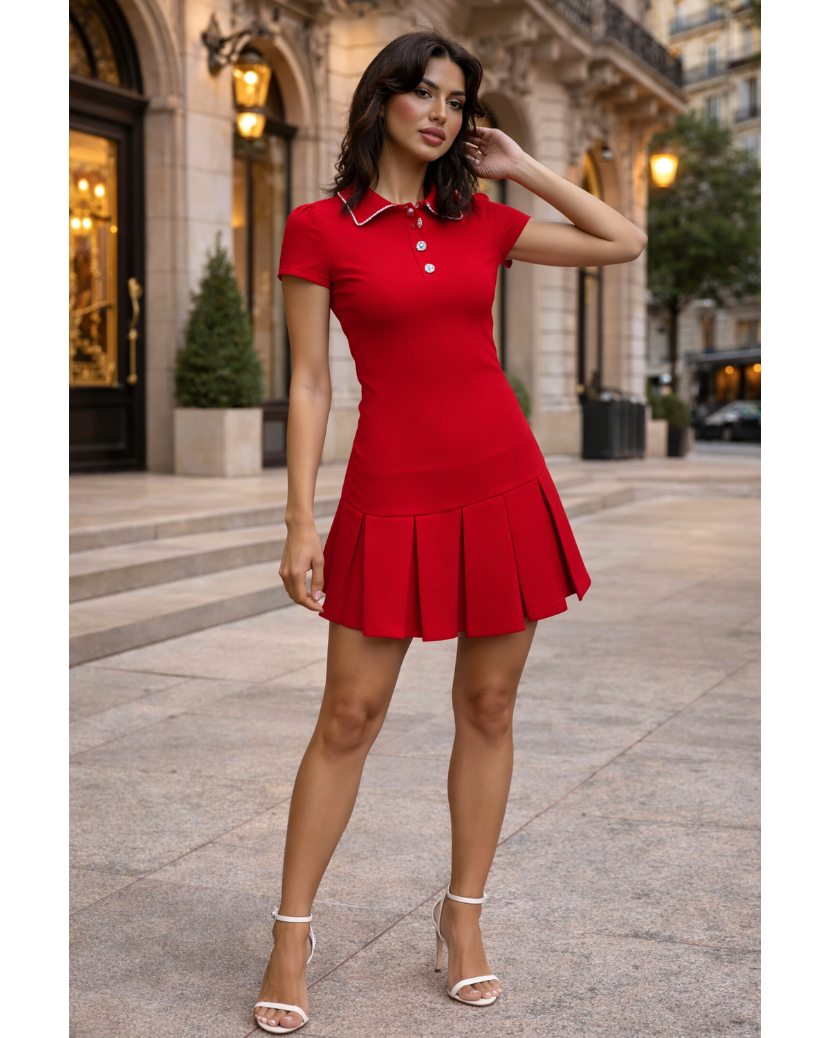 MonacoHeiressPearlPleatedMiniDress- Red