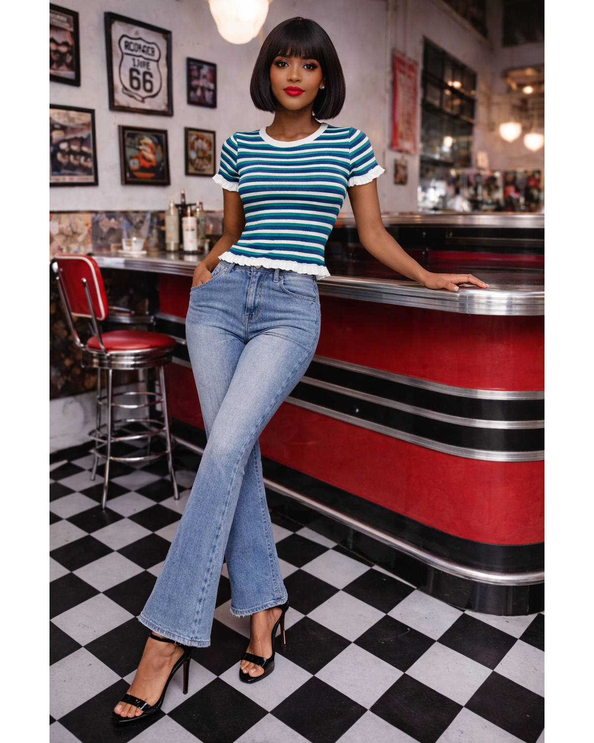 Crew Neck Stripe Ruffle Sweater Top