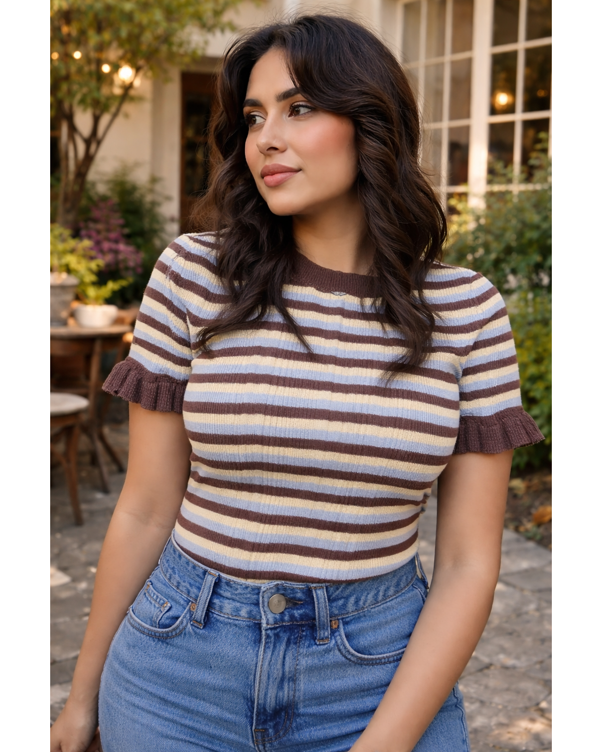 Snobby Stripe Ruffle Sweater Top-Mocha Yellow