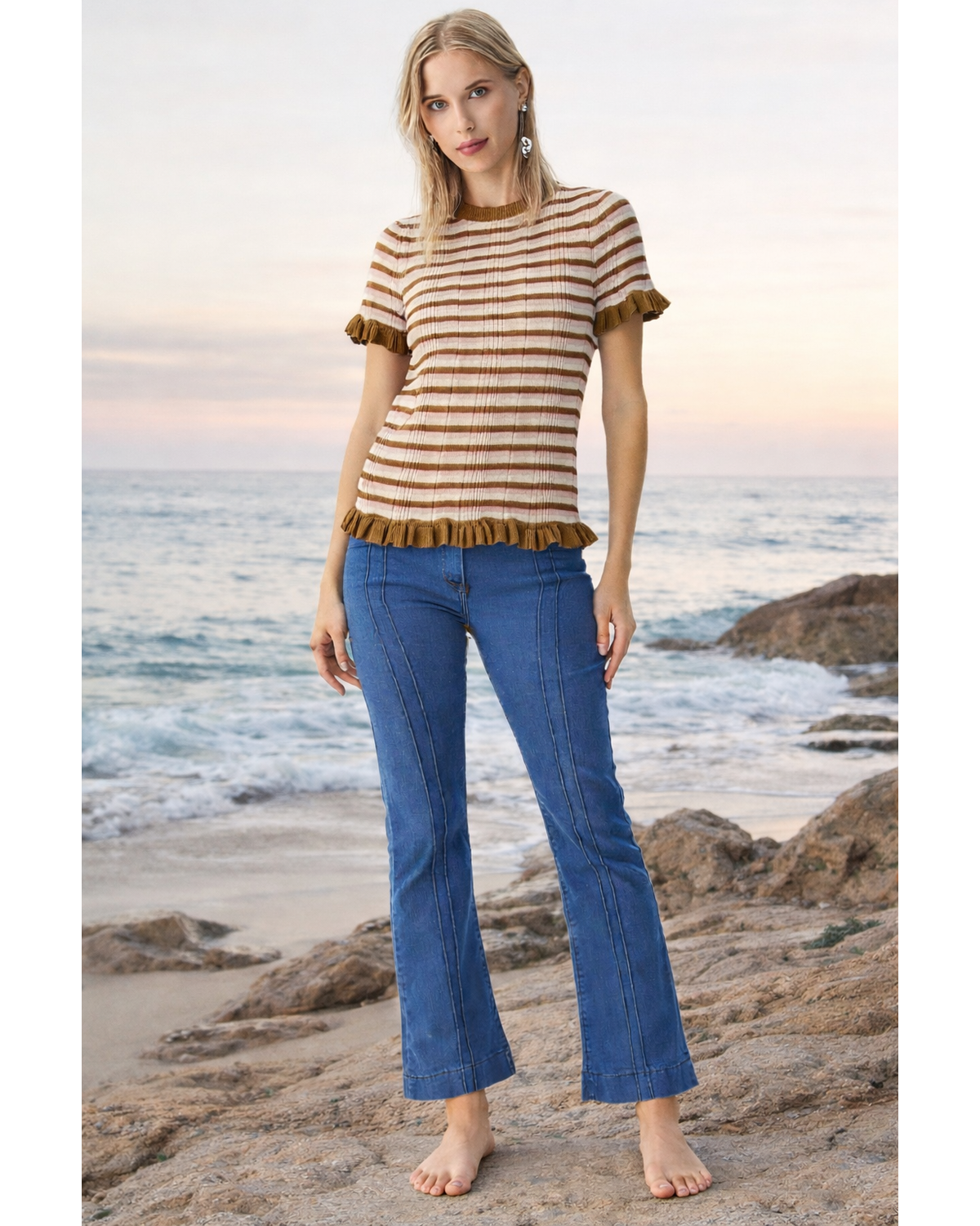 Snobby Crew Neck Stripe Ruffle Sweater Top-Pink / Taupe