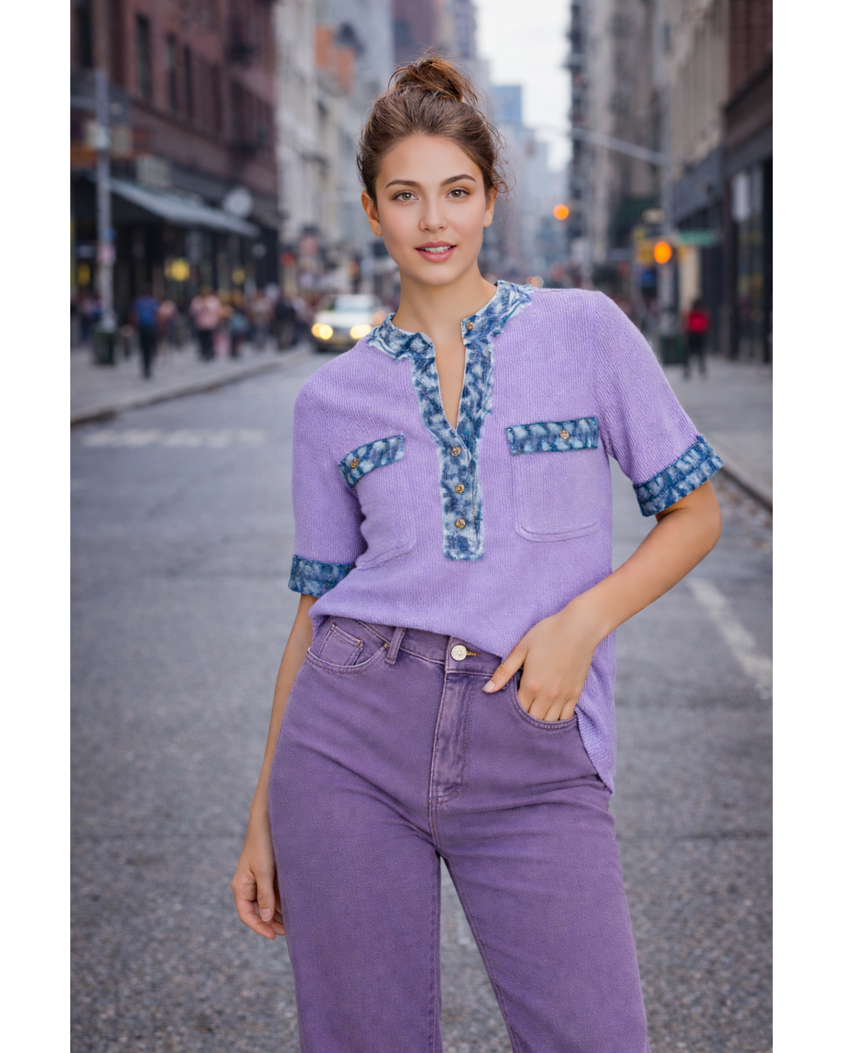 Lavender Denim Trim Henley Top