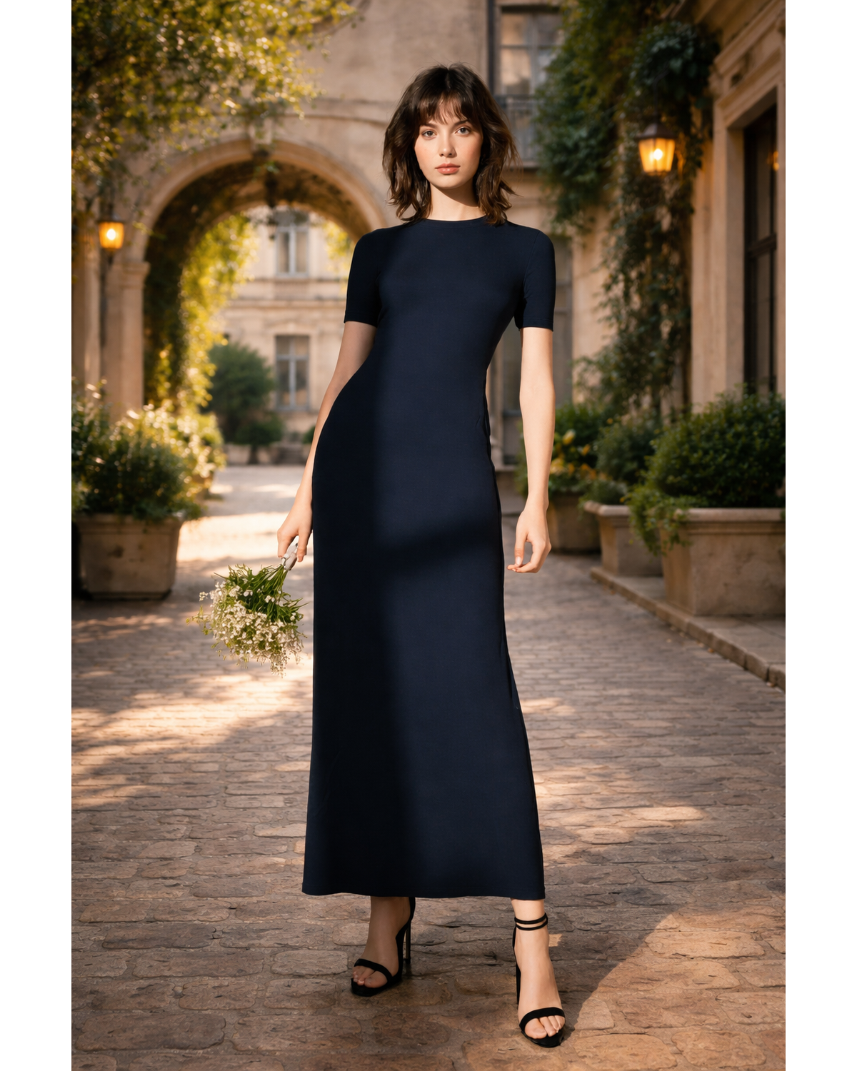 Ribbed Knit Back Slit T-Shirt Dress - Navy