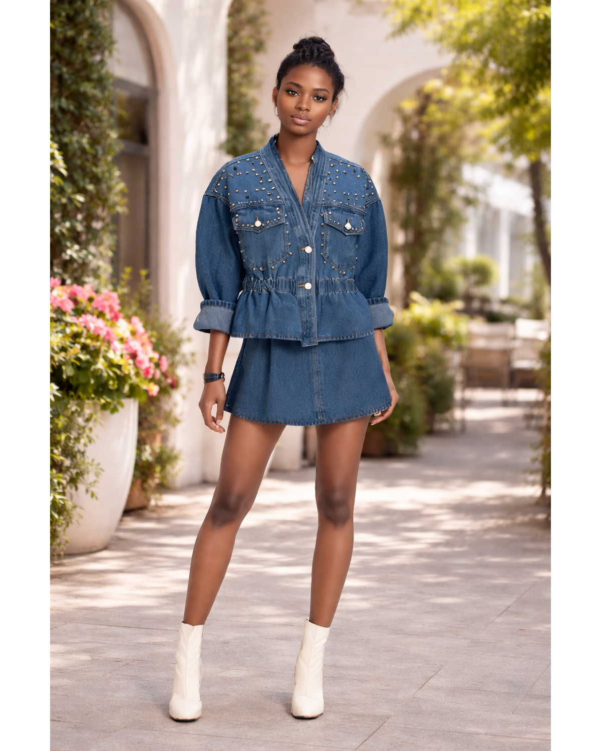 Snobby Luxe Studded Fit & Flare Denim Jacket