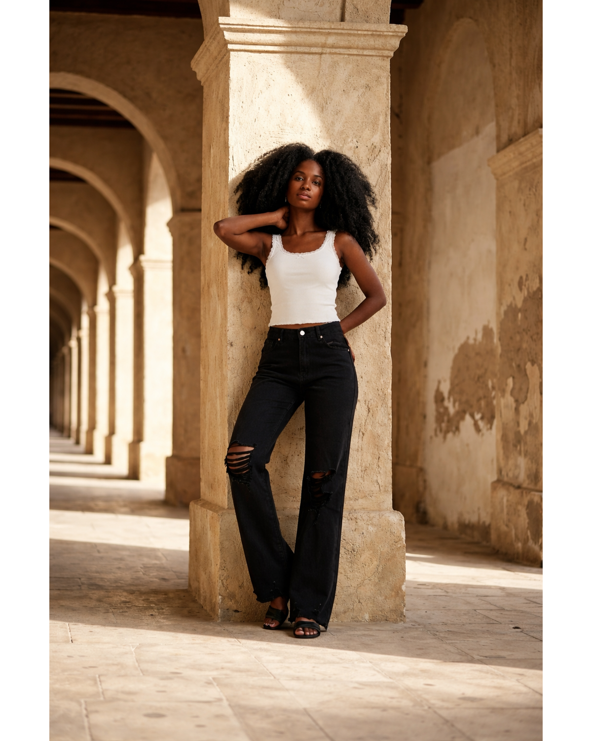 Acid Washed High Waist Distressed Straight Pants – Black