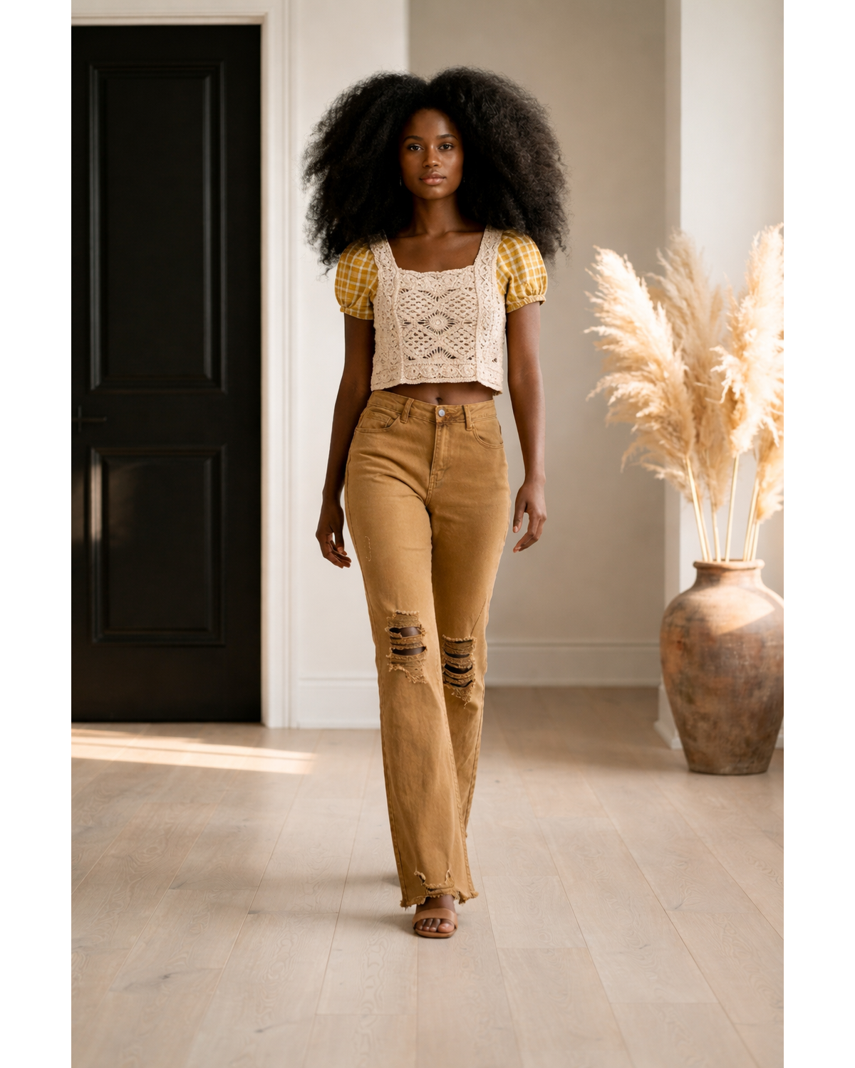 Acid Washed High Waist Distressed Straight Pants – Deep Camel