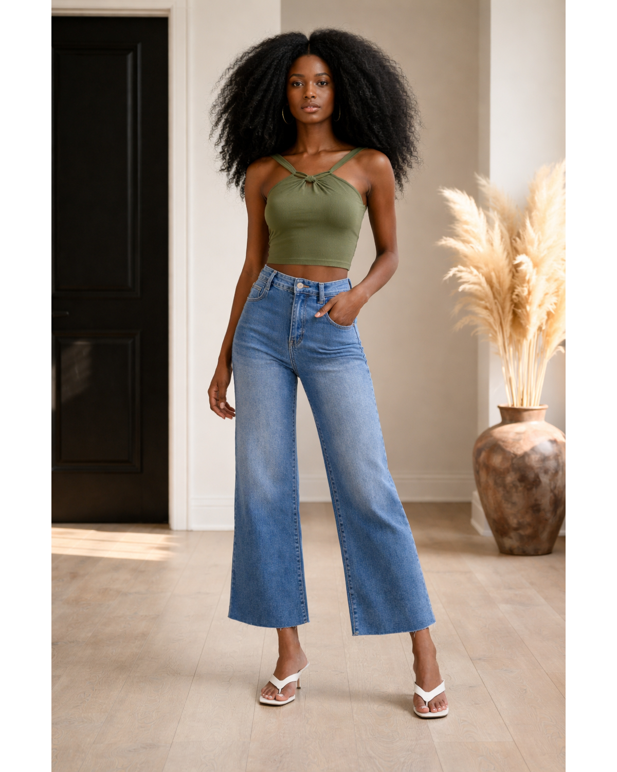 High Waist Wide Leg Straight Denim Pants – Medium Blue