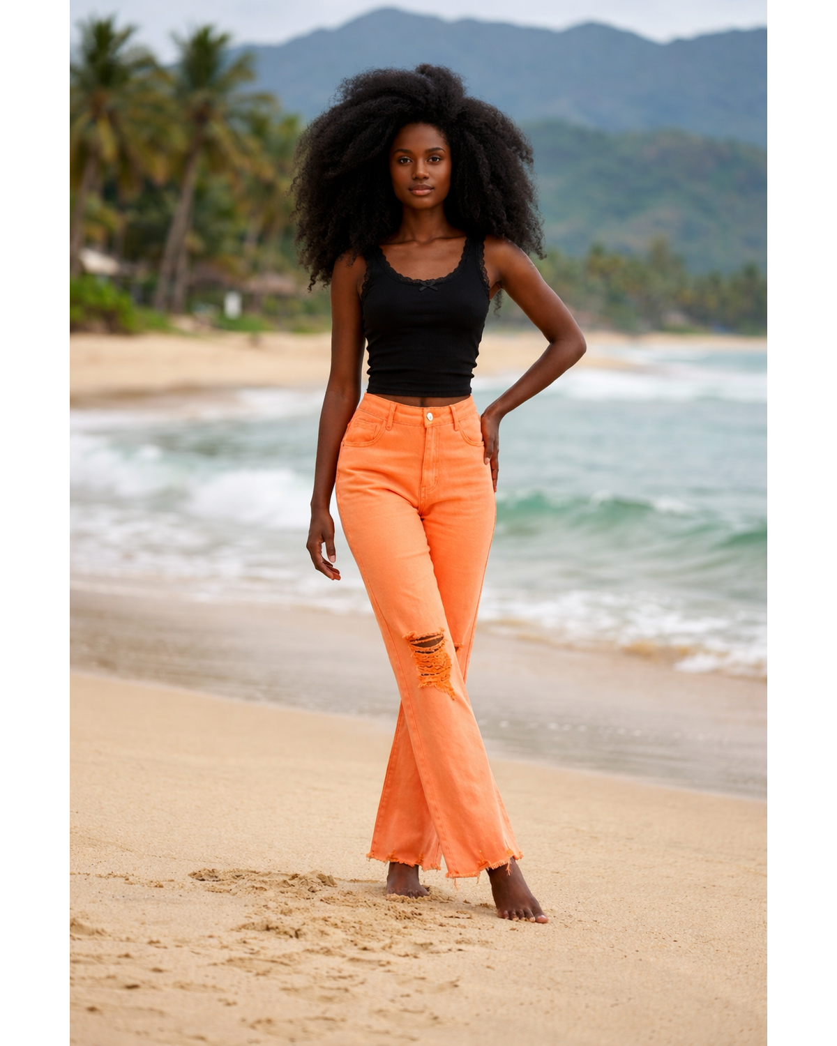 Acid Washed High Waist Distressed Straight Pants – Orange