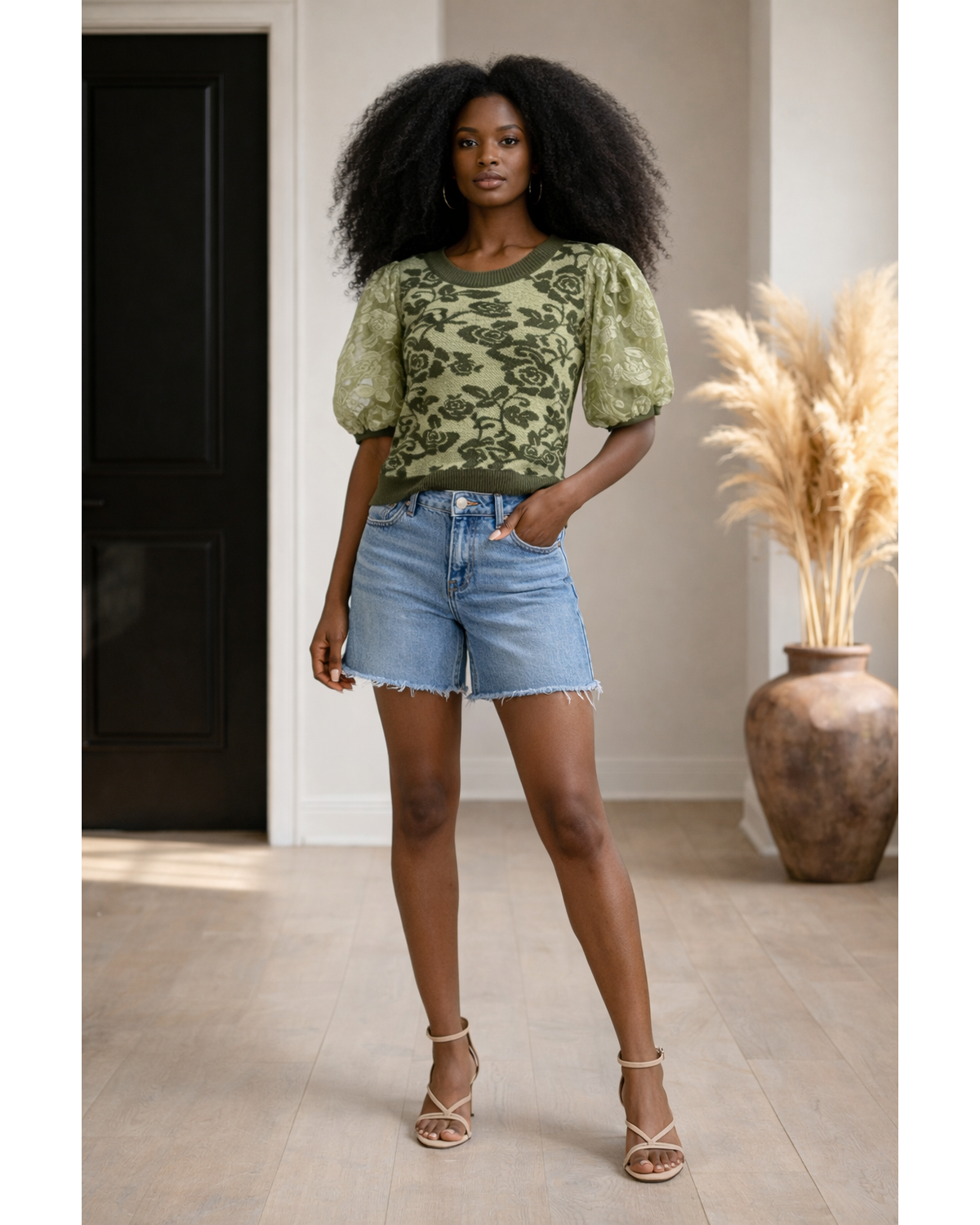 Rose Embroidered Contrast Knit Top – Sage Green