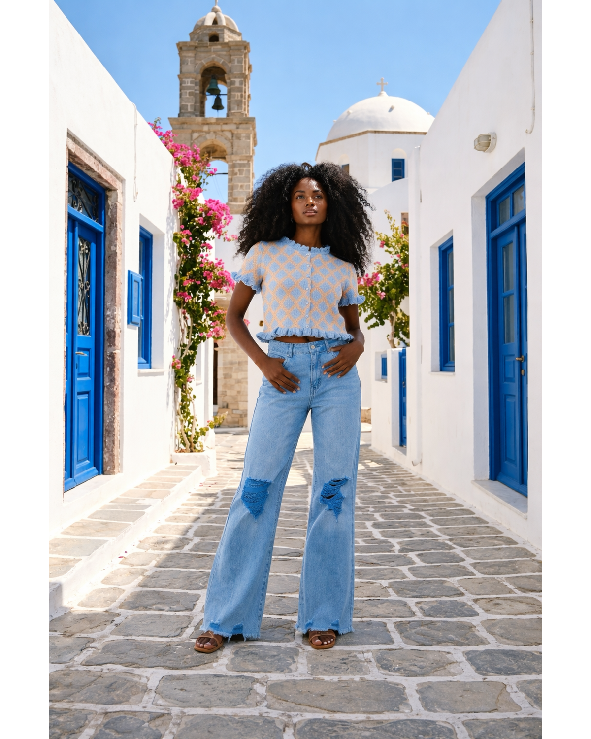 Acid Washed High Waist Distressed Straight Pants – Ocean Blue